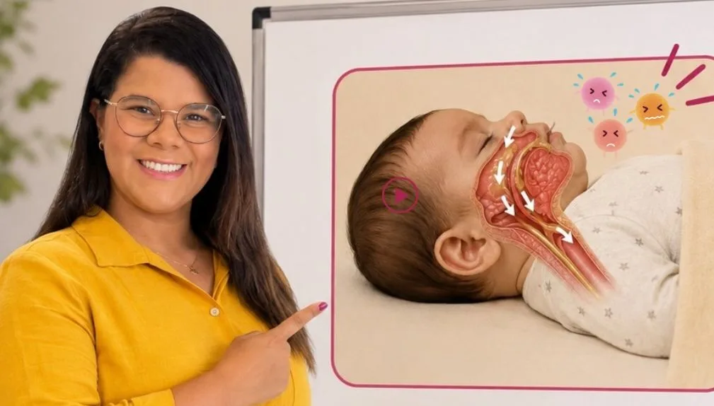 Carol Xavier explicando a fisiopatologia da bronquiolite em quadro anatômico